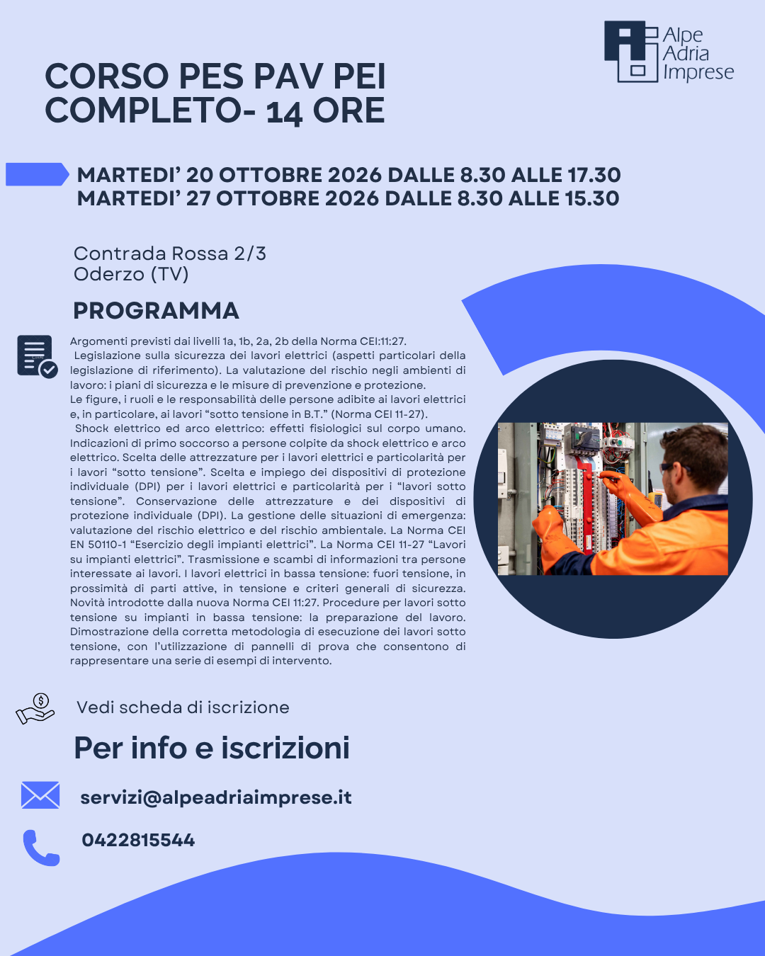20.10.2026 CORSO COMPLETO PES/PAV/PEI per addetti ai lavori elettrici- 14 ore