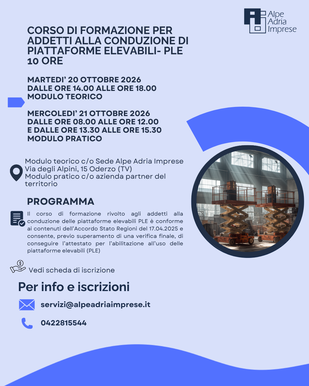 20.10.2026 CORSO DI FORMAZIONE PER ADDETTO ALLA CONDUZIONE DI PIATTAFORME ELEVABILI (PLE)- 10 ore