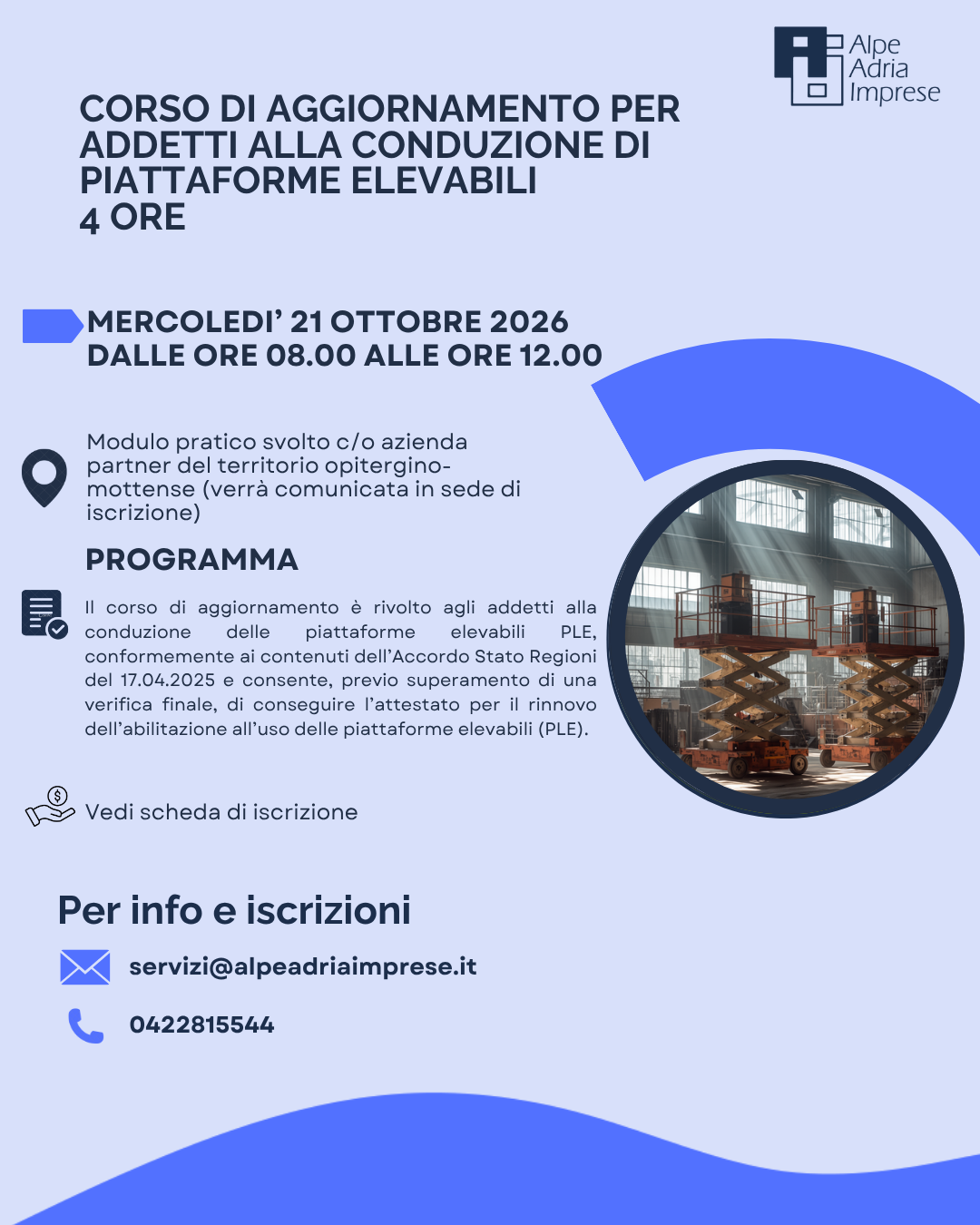 21.10.2026 AGGIORNAMENTO PER ADDETTO ALLA CONDUZIONE DI PIATTAFORME ELEVABILI (PLE)- 4 ore