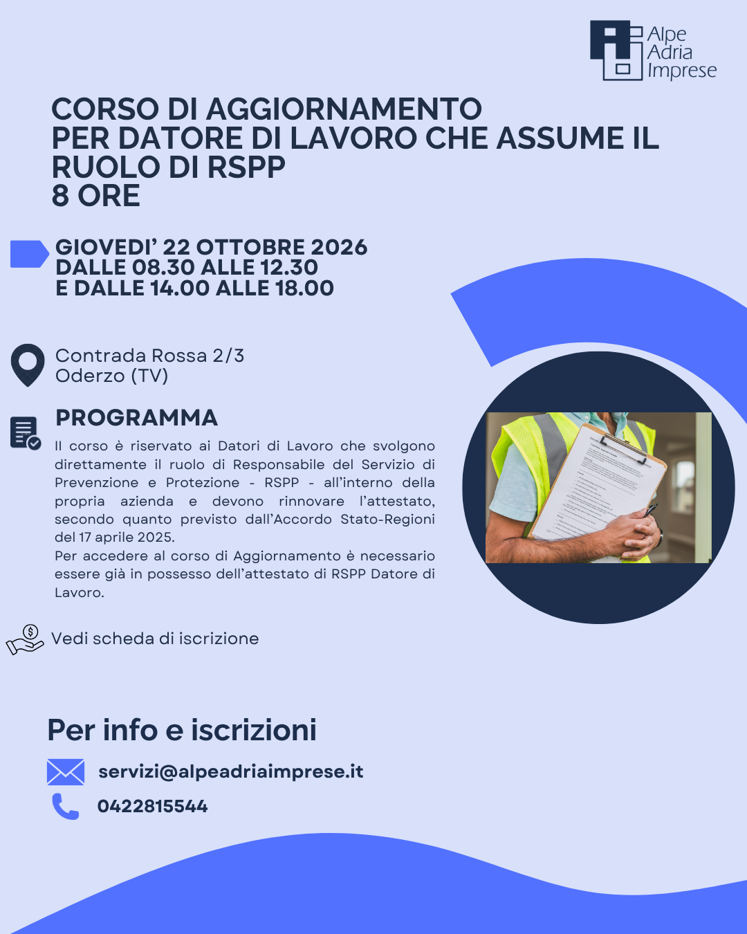 22.10.2026 CORSO DI AGGIORNAMENTO PER DATORI DI LAVORO CHE ASSUMONO IL RUOLO DI RSPP- 8 ore