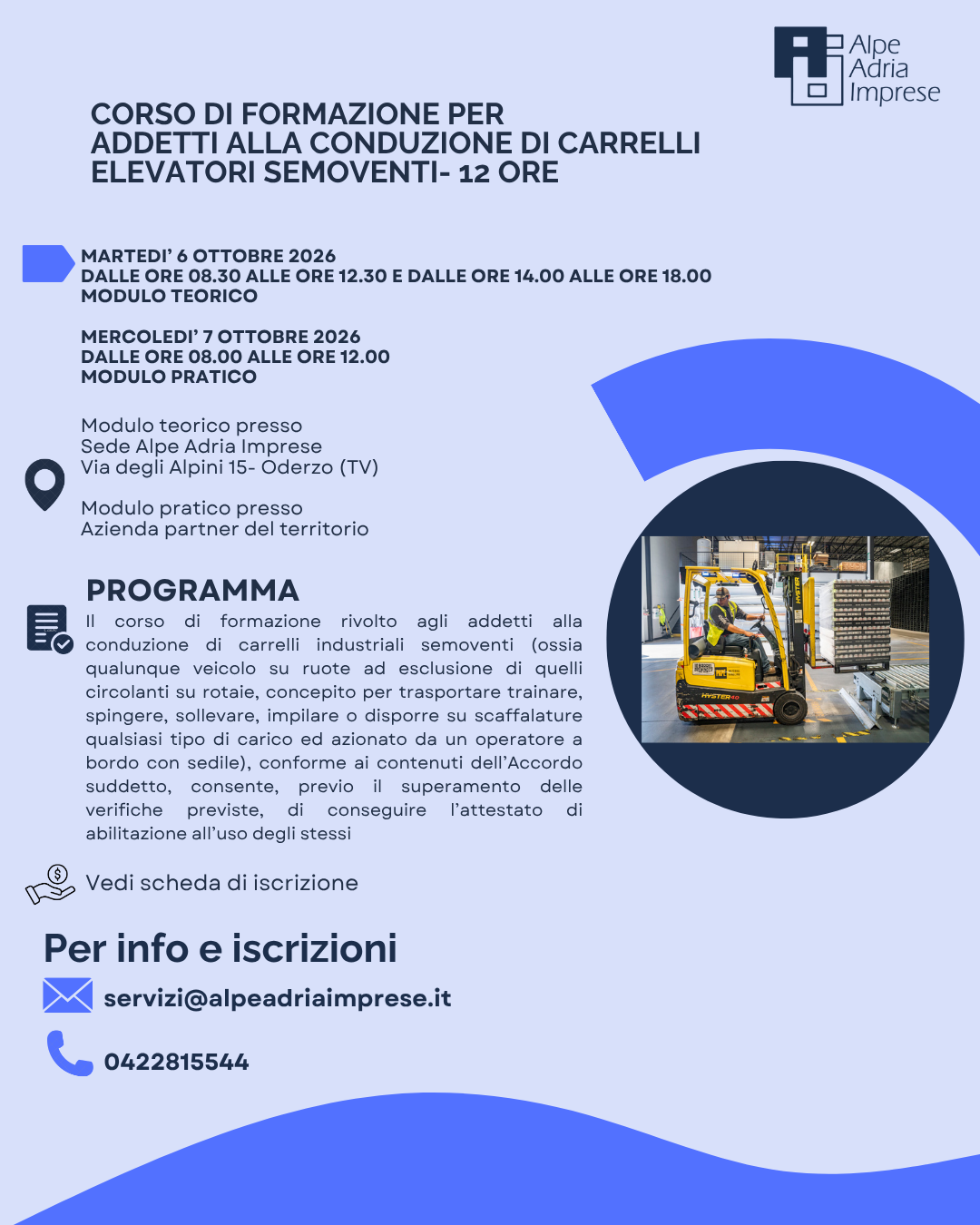06.10.2026 CORSO COMPLETO PER ADDETTO ALLA CONDUZIONE DI CARRELLI ELEVATORI SEMOVENTI- 12 ore