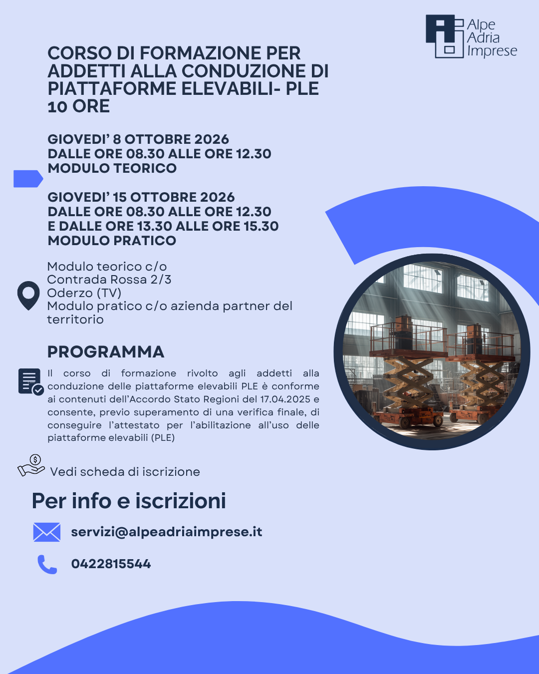 08.10.2026 CORSO DI FORMAZIONE PER ADDETTO ALLA CONDUZIONE DI PIATTAFORME ELEVABILI (PLE)- 10 ore