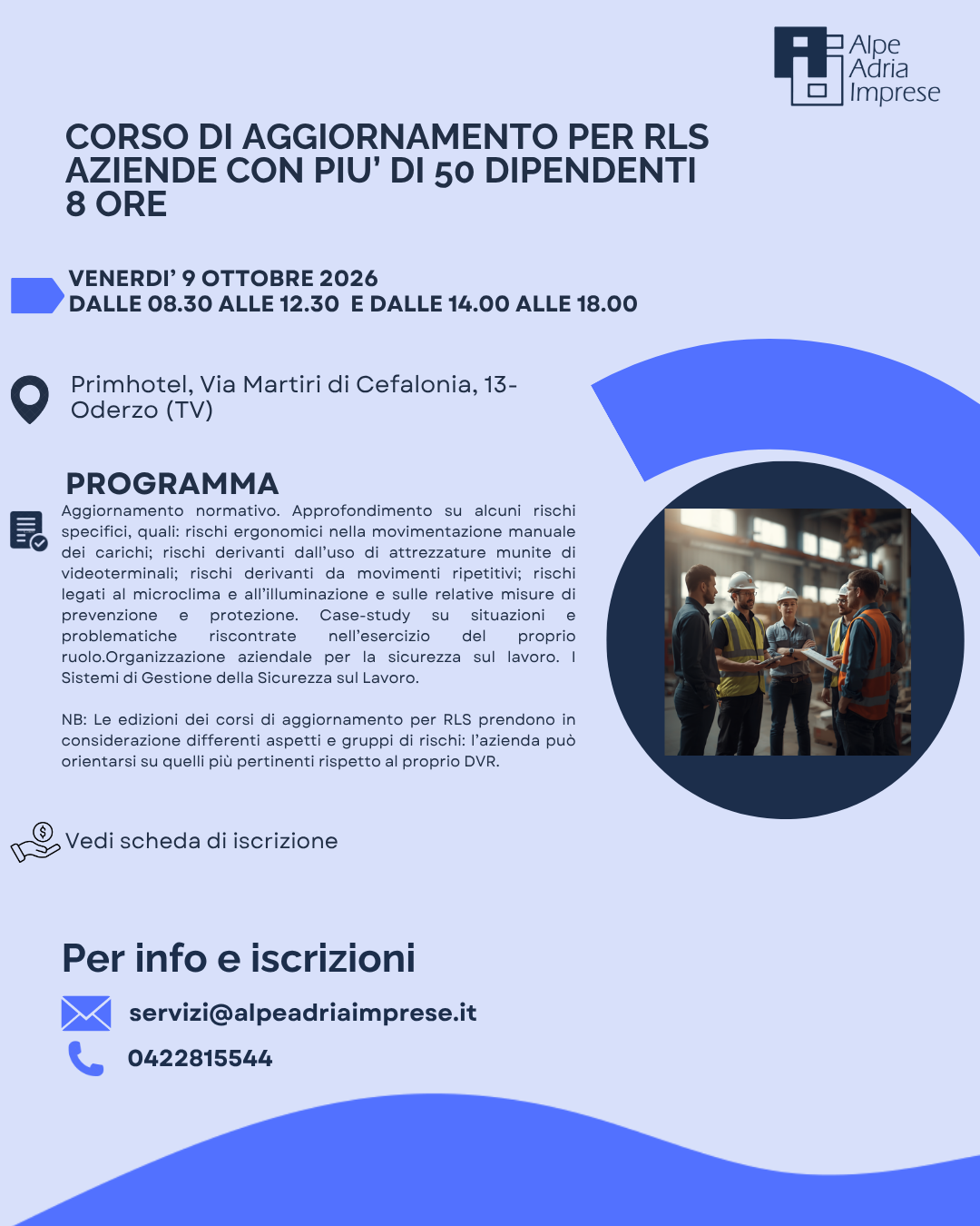 09.10.2026 CORSO DI AGGIORNAMENTO PER RLS-AZIENDE CON PIU’ DI 50 DIPENDENTI- 8 ore