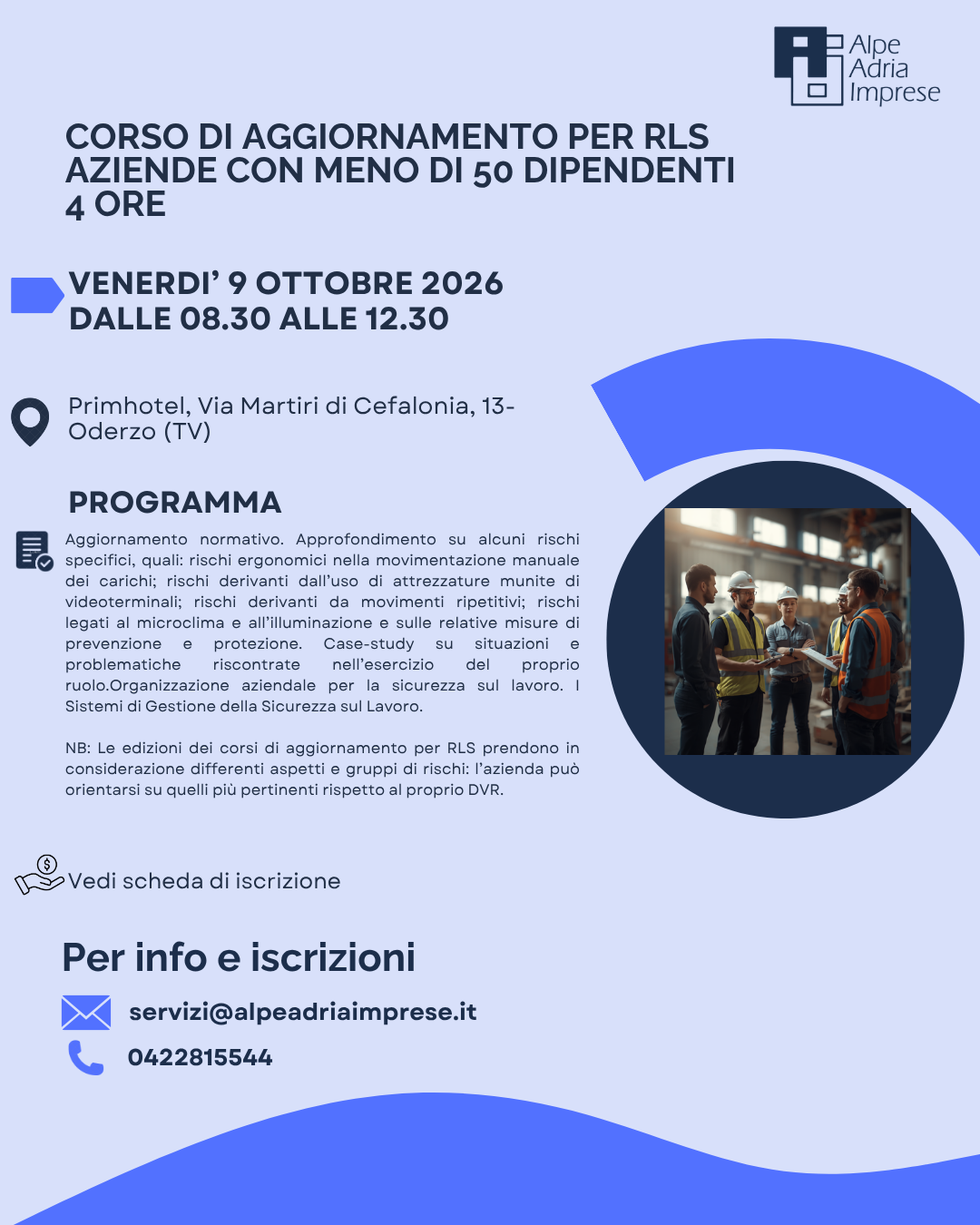09.10.2026 CORSO DI AGGIORNAMENTO PER RLS-AZIENDE CON MENO DI 50 DIPENDENTI- 4 ore